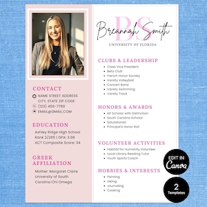 Op de afbeelding: Een cv-sjabloon met een foto van een vrouw, contactgegevens, opleiding, Griekse affiliatie, clubs, onderscheidingen, vrijwilligerswerk en hobby's. Het ontwerp is voornamelijk wit en roze.