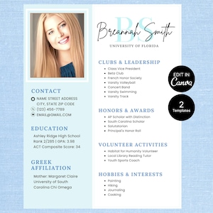 Op de afbeelding: Een cv-sjabloon met een foto van een vrouw met blond haar. Het cv bevat secties voor contactgegevens, opleiding, clubs, onderscheidingen, vrijwilligersactiviteiten en hobby's. De tekst "Edit in Canva" is ook aanwezig.