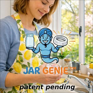 A woman in a lemon-print apron holding a jar in a bright kitchen, featuring the blue Jar Genie logo and "patent pending" text.