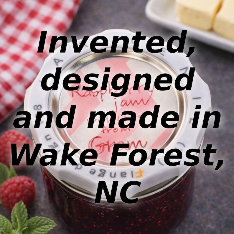 A top-down view of a Jar Genie on a preserves jar with text overlay: "Invented, designed and made in Wake Forest, NC."