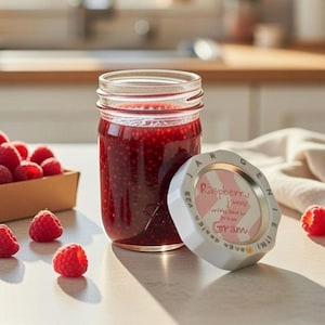 Open glass jar of red jam on a kitchen counter with raspberries nearby and the lid in a Jar Genie screw ring set aside.