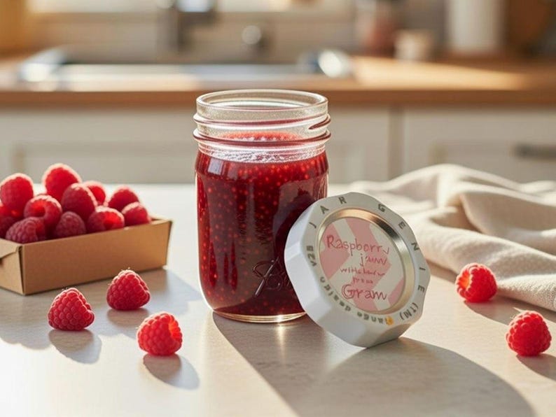 Open glass jar of red jam on a kitchen counter with raspberries nearby and the lid in a Jar Genie screw ring set aside.