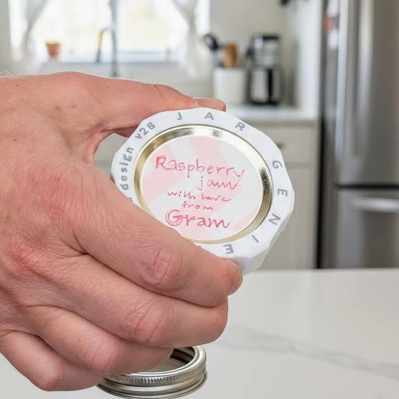 A person holding a mason jar lid captured in a white Jar Genie ring, highlighting the faceted outer form for better grip.
