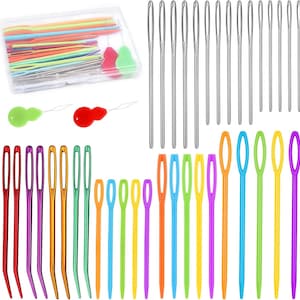 Jeu d'aiguilles à coudre à gros oeillets avec enfileur, aiguilles à fil en plastique, aiguilles à tapisserie courbées, outils de crochet et de tricot