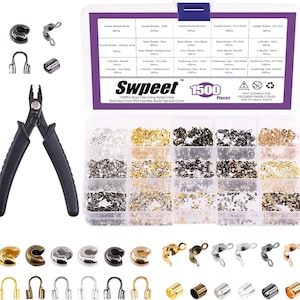 May include: A clear plastic organizer filled with various jewelry-making components. The kit includes crimp beads, tube crimps, bead knot covers, and wire guardians in multiple colors. A pair of black-handled pliers is also included. The text "Swpeet 1500 Pieces" is visible.