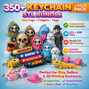 Peut inclure: Une collection de porte-clés imprimés en 3D, comprenant des figurines de crânes, des animaux et des marques de motos. L'image présente le texte "350+ KEYCHAIN STL BUNDLE" et "Keyrings • Fidgets • Tags". Les porte-clés sont de différentes couleurs et designs.