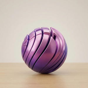 Peut inclure: Une sculpture sphérique et abstraite aux tons violets. L'objet est composé de segments incurvés et superposés qui créent une forme dynamique et fluide. La sculpture repose sur une surface en bois clair, avec un fond neutre.