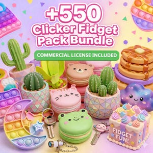 以下が含まれることがあります： サボテン、マカロン、月型のポップイットなど、さまざまな形のクリッカーフィジェットおもちゃのカラフルな詰め合わせ。画像には「+550 Clicker Fidget Pack Bundle」と「Commercial License Included」の文字が含まれています。おもちゃはパステルカラーです。