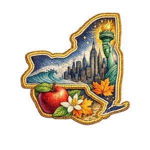 Könnte beinhalten: Dekorative Abbildung des Umrisses des Bundesstaates New York, mit der Freiheitsstatue, einer Stadtlandschaft und einem roten Apfel. Das Bild hat ein detailliertes, strukturiertes Aussehen mit einem goldenen Rand und weißem Hintergrund.