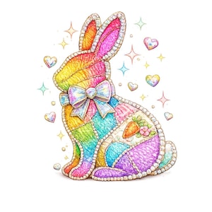 Può includere: Illustrazione di un coniglietto pasquale colorato, in stile patchwork. Il coniglietto è adornato con un grande fiocco e un'applicazione di carota. Stelle scintillanti e cuori decorano il coniglietto, creando un design festoso e stravagante.