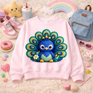 May include: A light pink sweatshirt featuring a detailed, colorful peacock design. The peacock is primarily blue with a vibrant, fan-shaped tail in shades of green, yellow, and blue. The design is centered on the front of the long-sleeved, crew neck top.