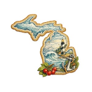 Könnte beinhalten: Detaillierte Illustration des Bundesstaates Michigan mit Leuchtturm, Anker und Kirschen. Der Umriss des Staates ist mit einer Küstenlandschaft gefüllt, mit einem Leuchtturm, Wellen und einem Bund roter Kirschen.