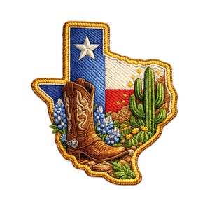 Peut inclure: Écusson brodé en forme du Texas, représentant une botte de cowboy marron, des bluebonnets, un cactus et le drapeau du Texas. L'écusson a une bordure dorée et est sur fond blanc.