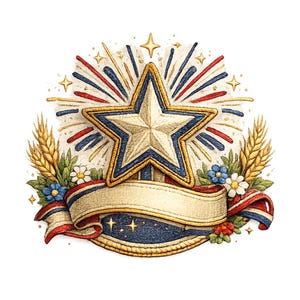 May include: A patriotic emblem featuring a gold star with blue and gold trim, surrounded by red, white, and blue accents. Wheat stalks, flowers, and a banner complete the design, evoking a sense of celebration and national pride.