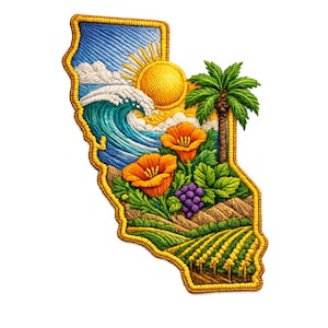 May include: Embroidered patch in the shape of California, featuring a sunny beach scene with a wave, sun, palm tree, orange flowers, grapes, and vineyards. The patch has a gold border and is on a white background.