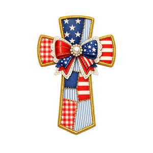 USA パッチワーククロス PNG、愛国的な弓形の十字架、フェイク刺繍の信仰の昇華デザイン