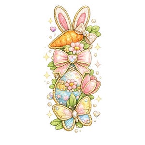 Könnte beinhalten: Oster-Illustration mit Karotte, Hasenohren, Schleifen, einem Ei, Blumen und einem Schmetterling. Das Design verwendet Pastellfarben, darunter Rosa, Gelb und Blau, mit goldenen Akzenten. Das Kunstwerk ist detailliert und dekorativ.