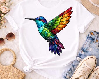 Colibrì arcobaleno PNG, disegno di uccello in vetrata per maglietta, tazza, custodia per telefono