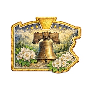 Könnte beinhalten: Detaillierte Illustration der Liberty Bell, mit einer bronzenen Glocke und einem Holzjoch, vor einer Berglandschaft und Sternenhimmel. Weiße Blumen und ein goldener Rand.