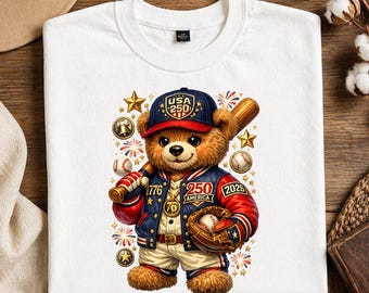 Orsetto di peluche da baseball PNG, grafica patriottica America 250, design per maglietta del 4 luglio