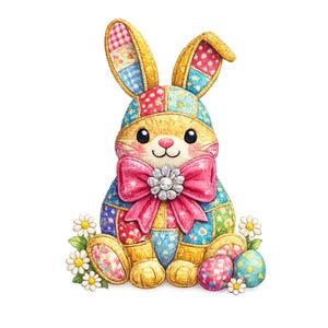 May include: A colorful Easter bunny figurine with patchwork patterns in red, blue, and yellow. The bunny has a large pink bow with a rhinestone center and is surrounded by decorated eggs and daisies.