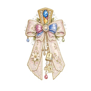 May include: A decorative cross-shaped ornament with a gold frame, a blue gemstone, and a pink and blue bow. The ornament features a rosary, a small Bible, and charms that read "Faith, Love, Hope."