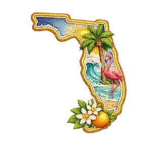 May include: A Florida-shaped embroidered patch featuring a sunny sky, palm tree, ocean waves, a pink flamingo, and an orange with blossoms. The design has a gold border and is set against a white background.