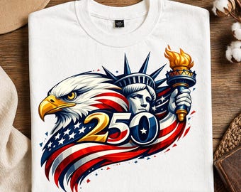 Immagine PNG di America 250, con aquila patriottica e torcia della libertà.