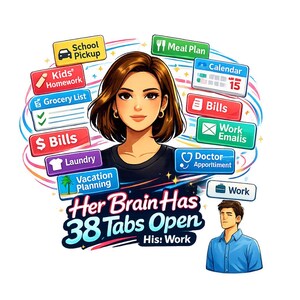 Peut inclure: Illustration numérique d'une femme entourée d'icônes représentant des tâches quotidiennes telles que "School Pickup", "Grocery List" et "Work Emails". Le texte indique "Her Brain Has 38 Tabs Open His! Work."