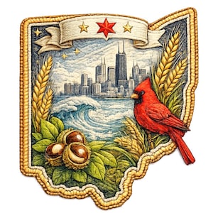Op de afbeelding: Gedetailleerde illustratie van de staat Ohio, met een stadsgezicht, een rode kardinaal, tarwe en paardenkastanjes. Een banner met sterren en een rode ster staat bovenaan. De afbeelding is omlijst met een gouden rand.