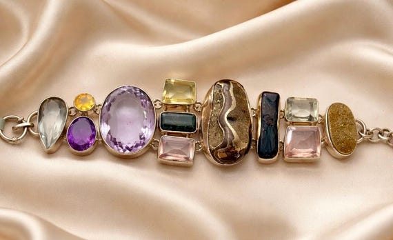 Artisan Multi Gemstone Statement Bracelet in Ster… - image 1