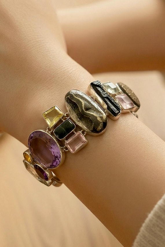 Artisan Multi Gemstone Statement Bracelet in Ster… - image 5