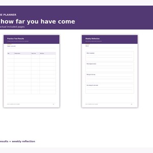 May include: A digital planner preview featuring two pages with purple headers. The left page is titled Practice Test Results with a table for tracking scores. The right page is titled Weekly Reflection with four lined sections for notes.
