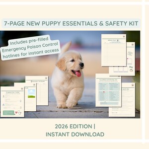 Peut inclure: Un kit de sécurité et d'essentiels pour chiots de 7 pages avec un chiot golden retriever. Le kit comprend des numéros d'urgence pré-remplis pour le contrôle des poisons. Le texte indique "2026 EDITION | TÉLÉCHARGEMENT INSTANTANÉ".