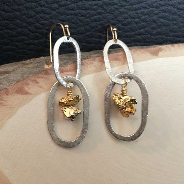 Sterling Silver Gold Pyrite Earrings, Oval Chain Ring Earrings, Drop Dangle Earrings