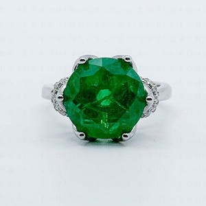 Hexagon Emerald Flower Ring: 925 Sterling Silver CZ Shoulder Cocktail Ring