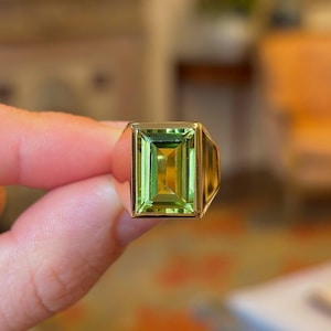 Mint Green Tourmaline Emerald Cut Signet Ring, Unisex Chunky Bezel Statement Ring handmade jewelry,