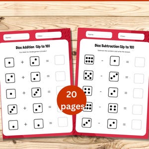 May include: Maths worksheets for kindergarten and grade 1, featuring dice addition and subtraction problems. The worksheets have a red border and include spaces for the student's name and class. The image shows 20 pages of maths exercises.