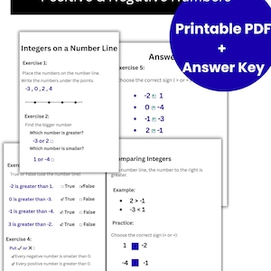 以下が含まれることがあります： 「Integers Made Easy」というタイトルの教育用印刷可能なPDFワークシート。正と負の数に関する演習が含まれています。数直線、整数の比較、解答キーが含まれています。テキストは白黒です。