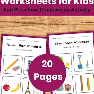 以下が含まれることがあります： 「Tall and Short Worksheets」というタイトルの子供向けの2つのワークシートと「Fun Preschool Comparison Activity」というテキスト。ワークシートには比較用の画像があり、「20 Pages」と書かれた紫色の円があります。