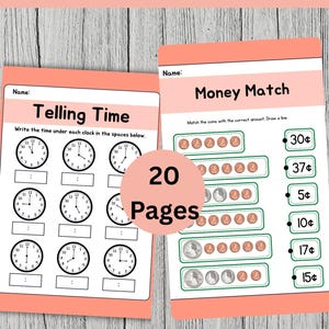 Könnte beinhalten: Zwei ausdruckbare Arbeitsblätter für Kinder, eines zum Zeitablesen und das andere zum Zuordnen von Geldbeträgen. Das Arbeitsblatt "Telling Time" enthält Uhren, um die Zeit einzutragen. Das Arbeitsblatt "Money Match" enthält Münzen, die dem richtigen Betrag zugeordnet werden sollen.