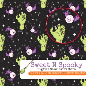 Zombie Hand Halloween Pattern | Spooky Eyeball Bat Digital Paper (Seamless PNG)