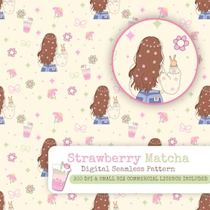 Könnte beinhalten: Ein digitales nahtloses Muster mit einer wiederholten Illustration einer Person mit langem braunem Haar, die ein Friedenszeichen macht, rosa Blumen, grünen Sternen und Erdbeergetränken auf cremefarbenem Grund. Text Strawberry Matcha Digital Seamless Pattern.