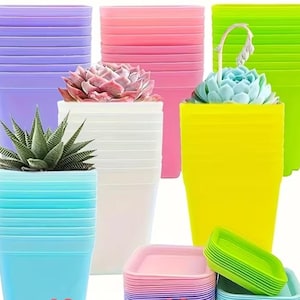 May include: A collection of colorful plastic plant pots in shades of purple, pink, white, yellow, green, and blue. Some pots contain succulents. The pots are stacked and include matching trays. The pots have a ridged design.