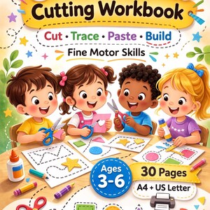 Może przedstawiać: Kolorowy zeszyt ćwiczeń dla dzieci zatytułowany "Scissor Skills Cutting Workbook" z ilustracjami dzieci używających nożyczek. Okładka zawiera tekst "Cut, Trace, Paste, Build" i "Fine Motor Skills". Zeszyt jest dla dzieci w wieku 3-6 lat i ma 30 stron.