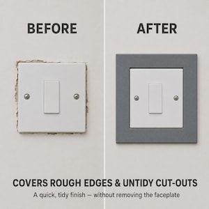 Pode incluir: Uma comparação de antes e depois de uma placa de interruptor de luz. À esquerda, um interruptor branco com bordas de parede irregulares. À direita, o mesmo interruptor com uma placa de cobertura cinza. Texto: BEFORE, AFTER, COVERS ROUGH EDGES & UNTIDY CUT-OUTS, A quick, tidy finish — without removing the faceplate.