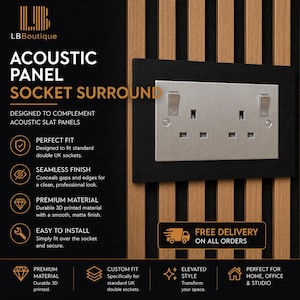 May include: A black rectangular acoustic panel socket surround mounted on vertical wood slats. The surround features a brushed metal double UK electrical socket with two switches. Text on the image includes LB Boutique, Acoustic Panel Socket Surround.