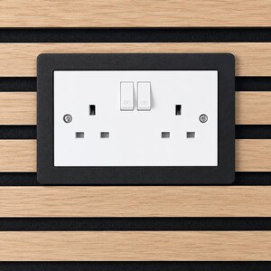 Op de afbeelding: Een dubbel elektrisch wandstopcontact met een witte voorplaat en twee witte schakelaars met het opschrift on, omlijst door een matzwarte rechthoekige rand. Het stopcontact heeft twee standaard aansluitingen en twee zilverkleurige schroeven.