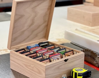 Trading Card Deck Box with Hinged Lid, 12 Adjustable Dividers, Fits Up To 1125 Sleeved Cards, Handmade, Game Card Storage (Box Shown in Oak)