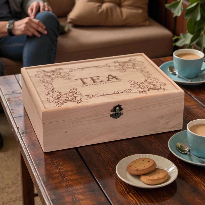 All Natural Wood Tea Box, Personalized Custom Engraved Tea Bag Organizer, Keepsake Storage Chest image 4